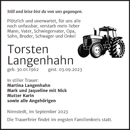Traueranzeige von Torsten Langenhahn von Trauerkombi Sangerhausen