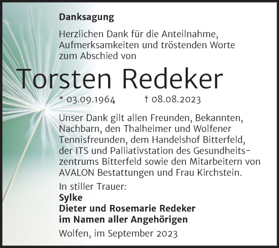 Traueranzeige von Torsten Redeker von Trauerkombi Bitterfeld
