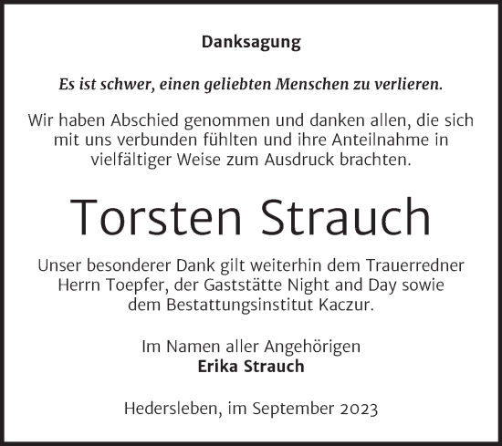 Traueranzeige von Torsten Strauch von Trauerkombi Quedlinburg