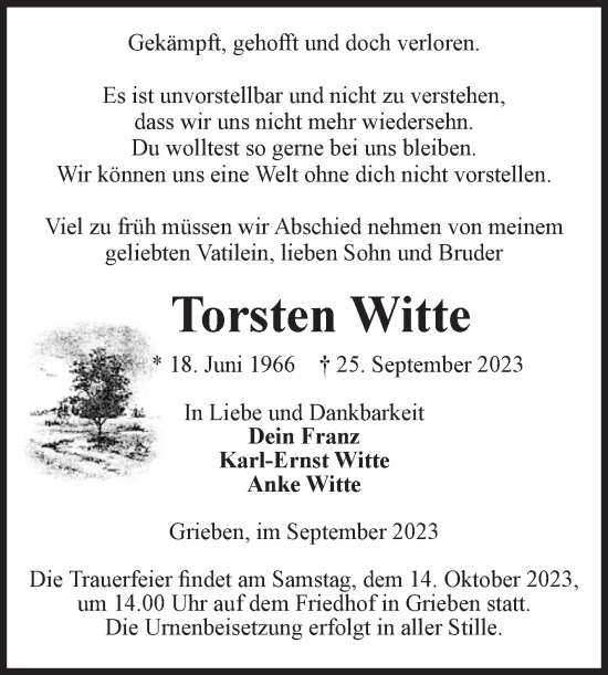Traueranzeige von Torsten Witte von Volksstimme Altmark Ost