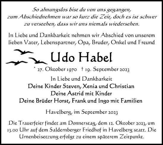 Traueranzeige von Udo Habel von Volksstimme Altmark Ost