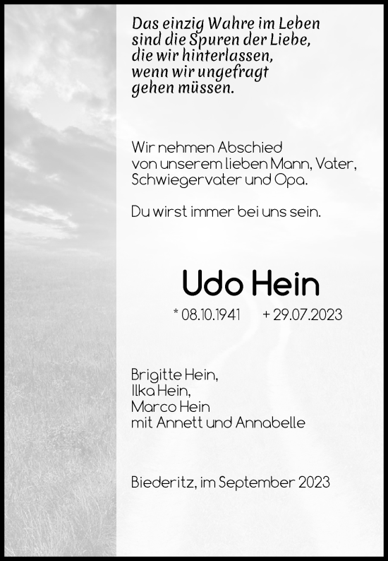 Traueranzeige von Udo Hein von Volksstimme Halberstadt