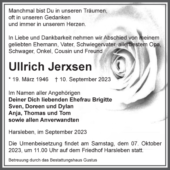 Traueranzeige von Ullrich Jerxsen von Volksstimme Halberstadt