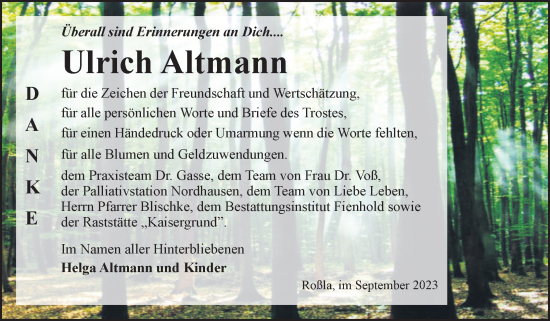 Traueranzeige von Ulrich Altmann von Trauerkombi Sangerhausen