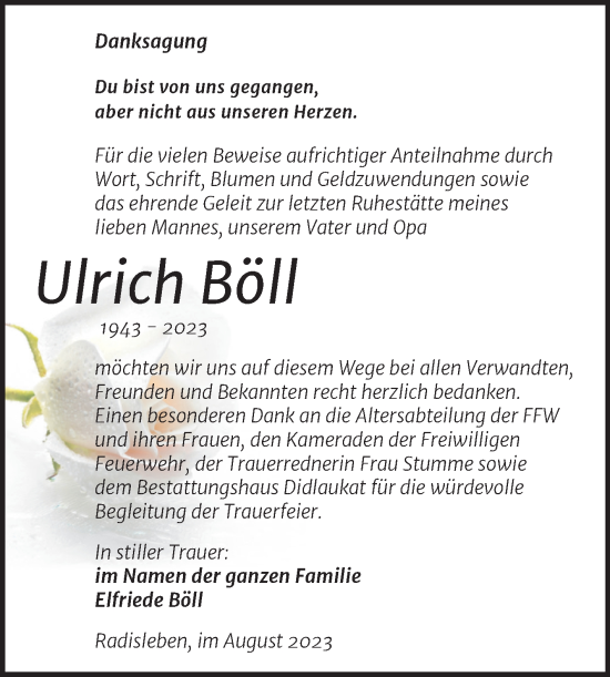 Traueranzeige von Ulrich Böll von Trauerkombi Quedlinburg