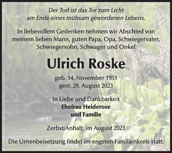 Traueranzeige von Ulrich Roske von Volksstimme Zerbst