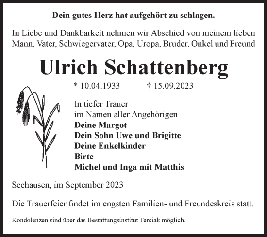 Traueranzeige von Ulrich Schattenberg von Volksstimme Oschersleben/Wanzleben