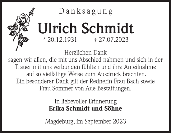Traueranzeige von Ulrich Schmidt von Volksstimme Magdeburg