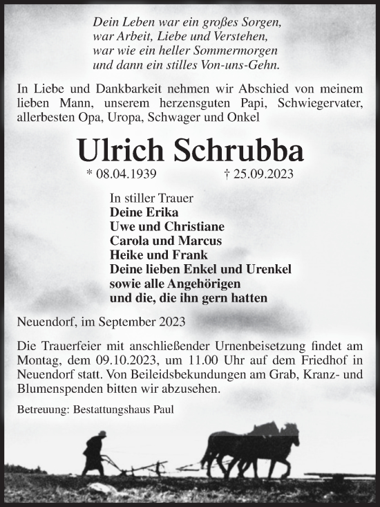 Traueranzeige von Ulrich Schrubba von Volksstimme Altmark West
