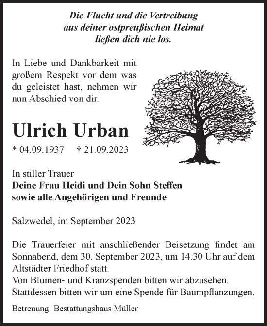 Traueranzeige von Ulrich Urban von Volksstimme Altmark West