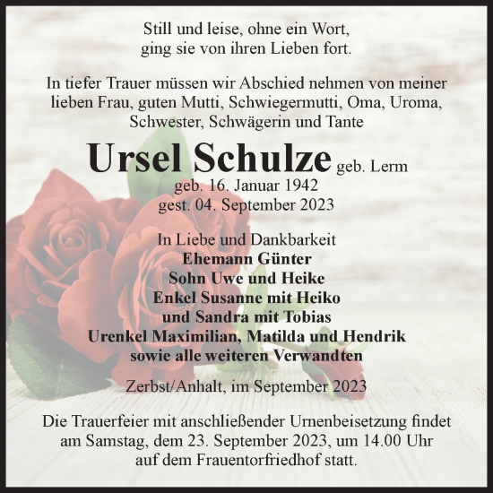 Traueranzeige von Ursel Schulze von Volksstimme Zerbst