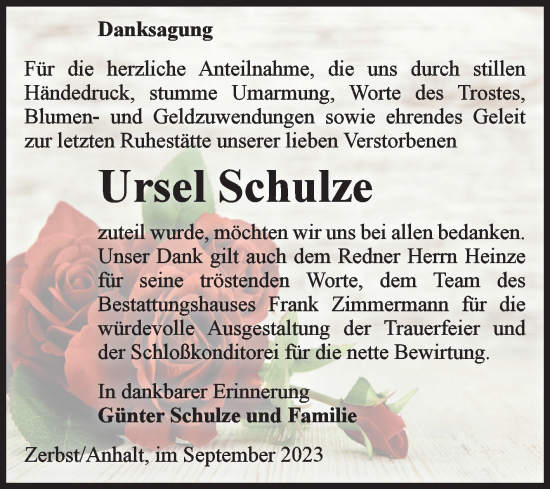 Traueranzeige von Ursel Schulze von Volksstimme Zerbst