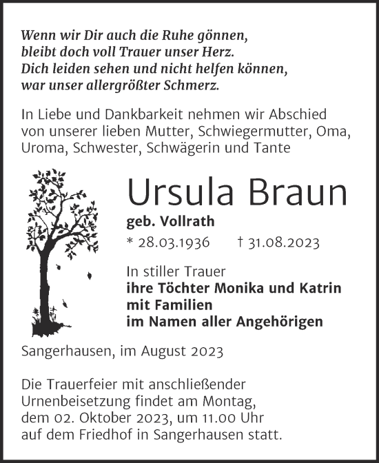 Traueranzeige von Ursula Braun von Super Sonntag Sangerhausen