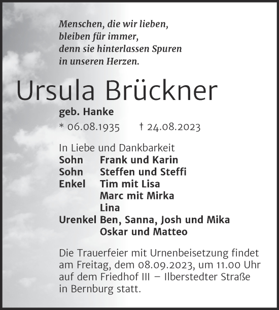 Traueranzeige von Ursula Brückner von Trauerkombi Bernburg