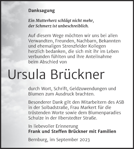 Traueranzeige von Ursula Brückner von Trauerkombi Bernburg