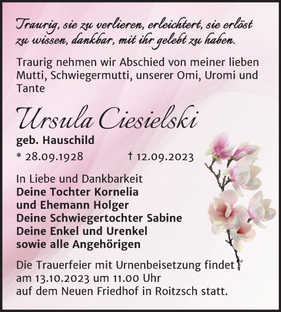 Traueranzeige von Ursula Ciesielski von Trauerkombi Bitterfeld