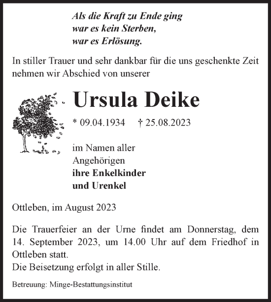 Traueranzeige von Ursula Deike von Volksstimme Oschersleben/Wanzleben