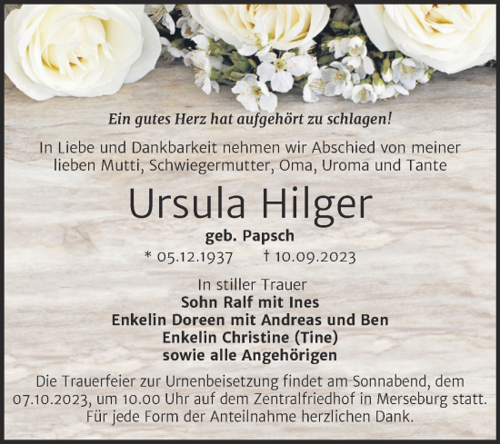 Traueranzeige von Ursula Hilger von Trauerkombi Merseburg