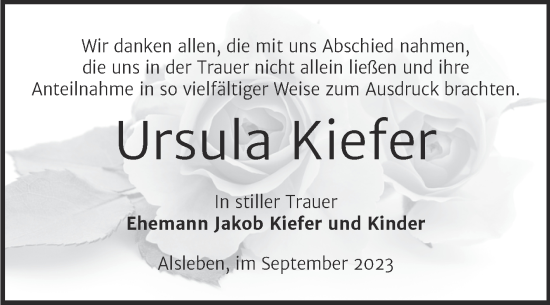 Traueranzeige von Ursula Kiefer von Trauerkombi Bernburg