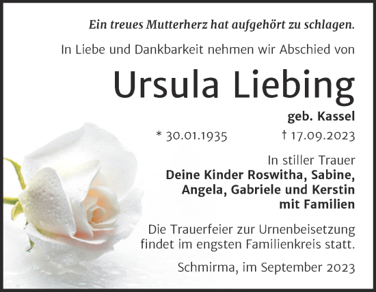 Traueranzeige von Ursula Liebing von Trauerkombi Merseburg