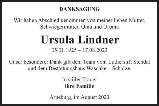 Traueranzeige von Ursula Lindner von Volksstimme Altmark Ost