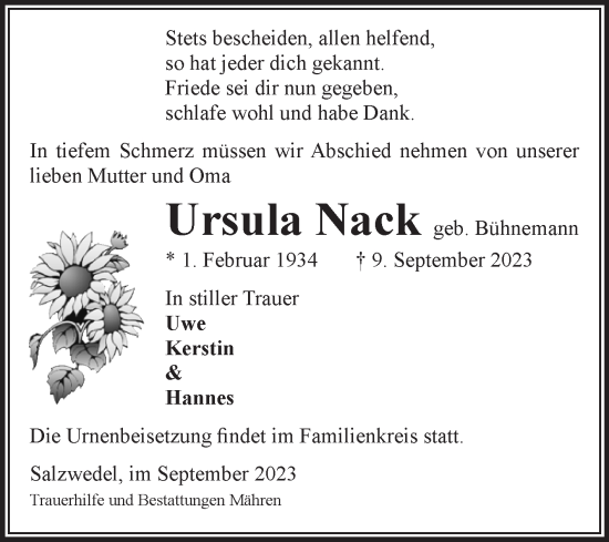 Traueranzeige von Ursula Nack von Volksstimme Altmark West