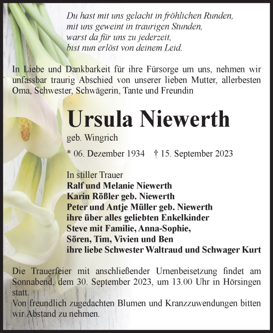 Traueranzeige von Ursula Niewerth von Volksstimme Haldensleben/Wolmirstedt