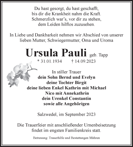 Traueranzeige von Ursula Pauli von Volksstimme Altmark West