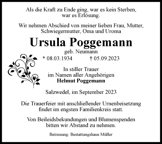 Traueranzeige von Ursula Poggemann von Volksstimme Altmark West