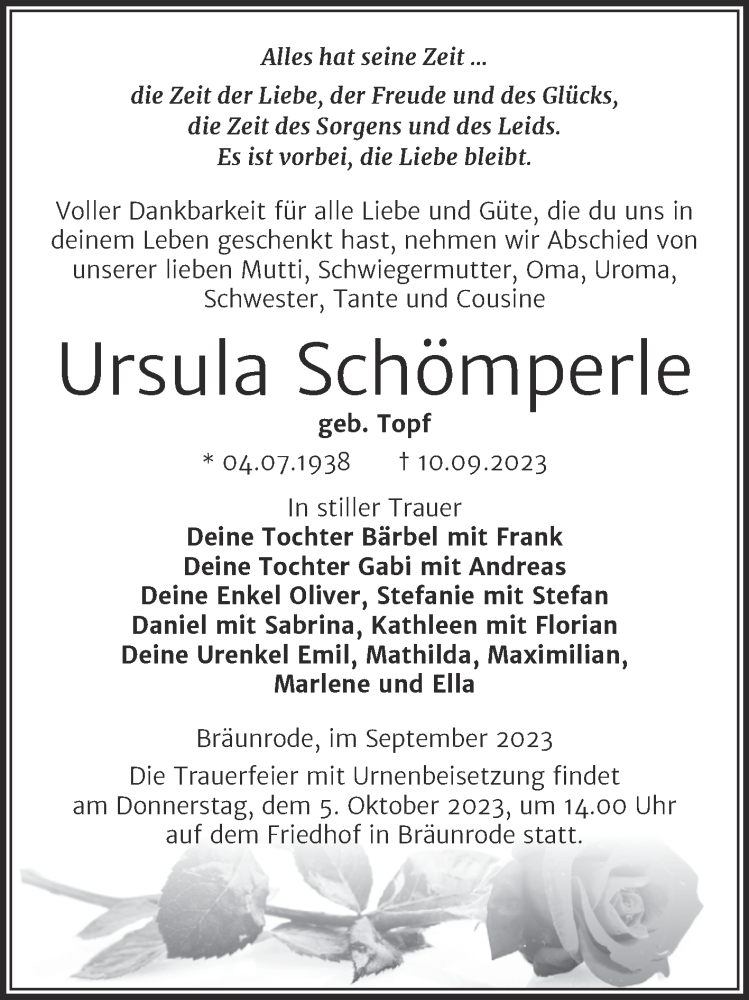  Traueranzeige für Ursula Schömperle vom 16.09.2023 aus Trauerkombi Mansfelder Land