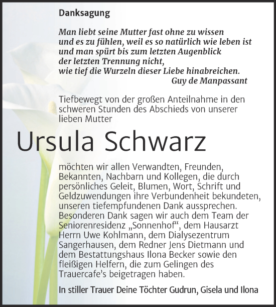 Traueranzeige von Ursula Schwarz von Trauerkombi Sangerhausen
