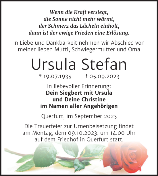 Traueranzeige von Ursula Stefan von Trauerkombi Merseburg
