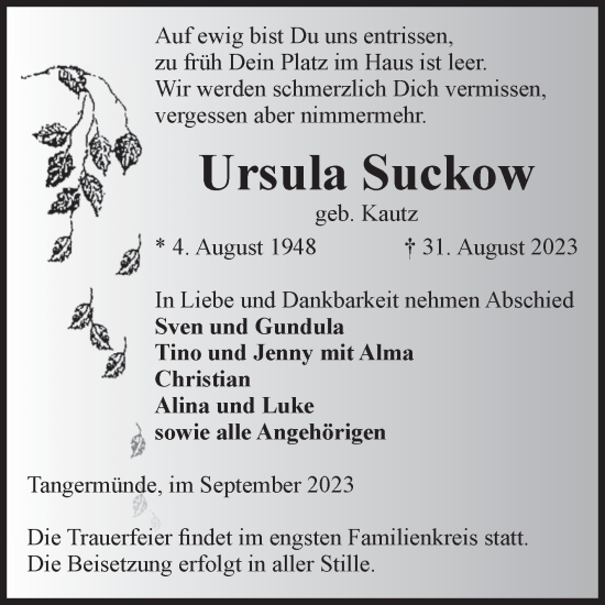 Traueranzeige von Ursula Suckow von Volksstimme Altmark Ost