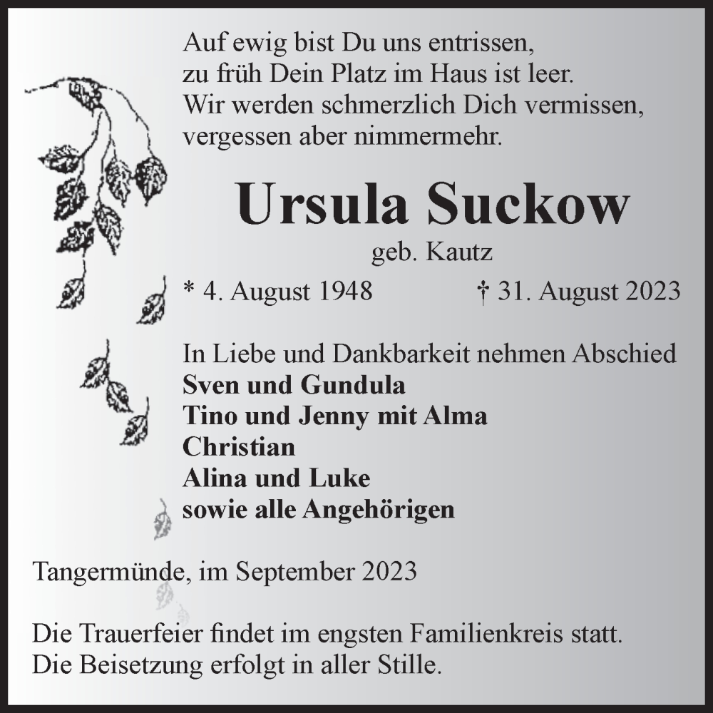  Traueranzeige für Ursula Suckow vom 09.09.2023 aus Volksstimme Altmark Ost