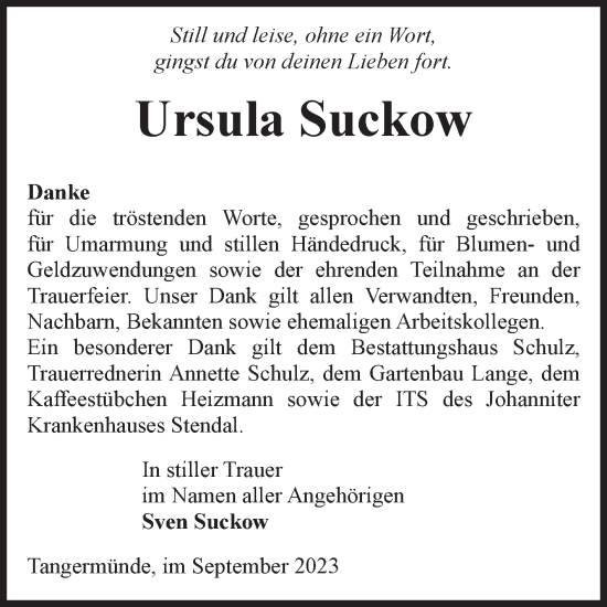 Traueranzeige von Ursula Suckow von Volksstimme Altmark Ost