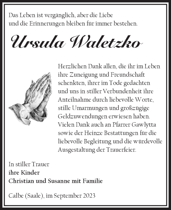 Traueranzeige von Ursula Waletzko von Volksstimme Schönebeck
