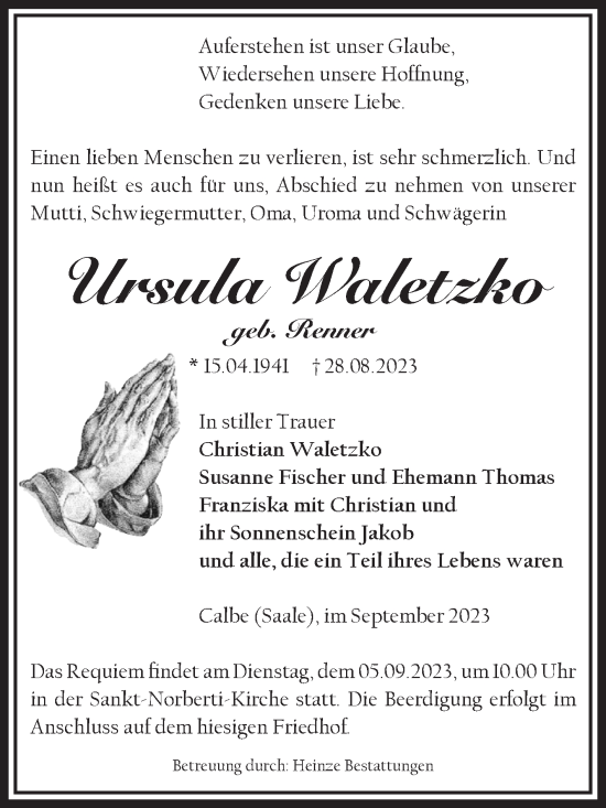 Traueranzeige von Ursula Waletzko von Volksstimme Schönebeck