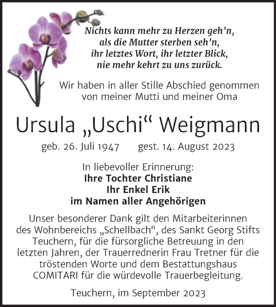 Traueranzeige von Ursula Weigmann von Trauerkombi Weißenfels