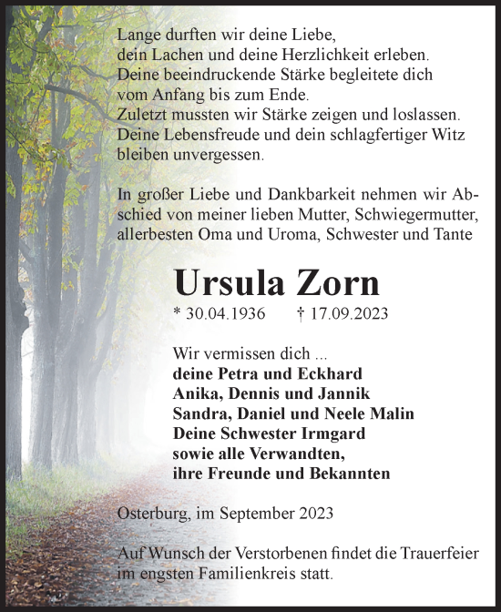 Traueranzeige von Ursula Zorn von Volksstimme Altmark Ost