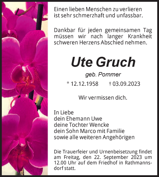 Traueranzeige von Ute Gruch von Volksstimme Staßfurt