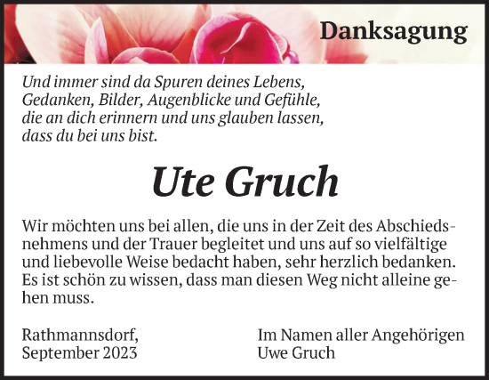 Traueranzeige von Ute Gruch von Volksstimme Staßfurt
