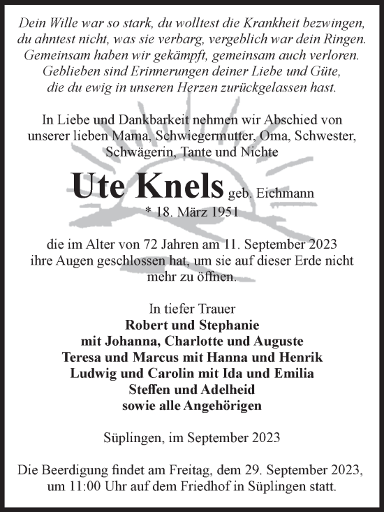 Traueranzeige von Ute Knels von Volksstimme Haldensleben/Wolmirstedt