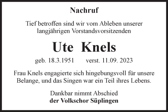 Traueranzeige von Ute Knels von Volksstimme Haldensleben/Wolmirstedt