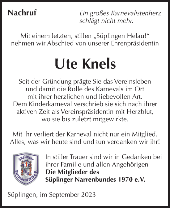 Traueranzeige von Ute Knels von Volksstimme Haldensleben/Wolmirstedt