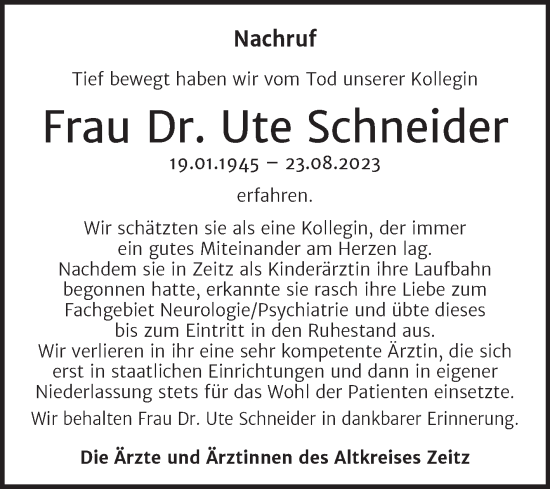 Traueranzeige von Ute Schneider von Super Sonntag Zeitz