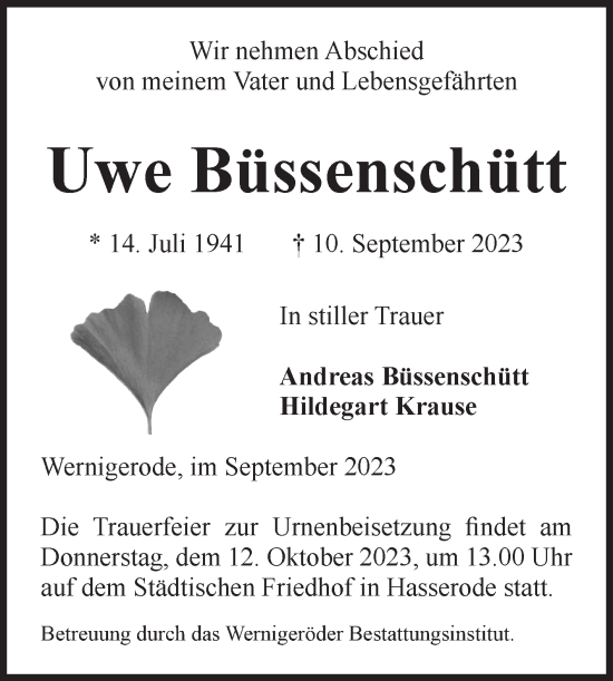 Traueranzeige von Uwe Büssenschütt von Volksstimme Wernigerode