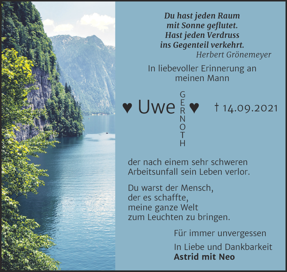  Traueranzeige für Uwe Gernoth vom 16.09.2023 aus Trauerkombi Mansfelder Land