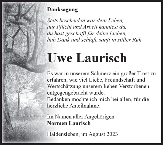 Traueranzeige von Uwe Laurisch von Volksstimme Haldensleben/Wolmirstedt