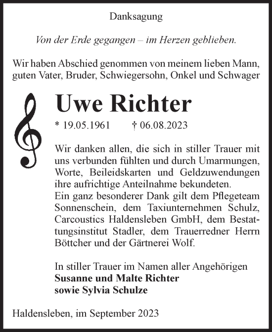 Traueranzeige von Uwe Richter von Volksstimme Haldensleben/Wolmirstedt