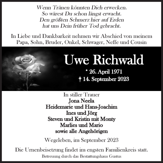 Traueranzeige von Uwe Richwald von Volksstimme Halberstadt